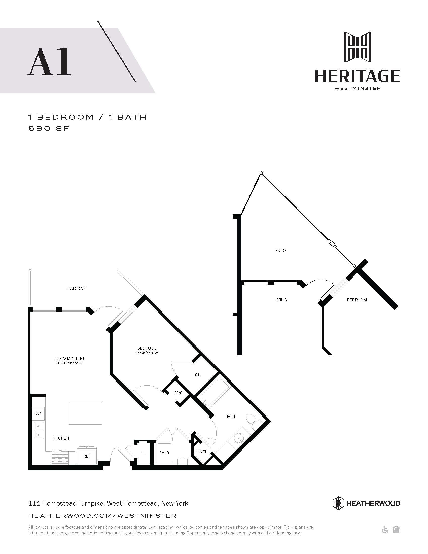 A floorplan for a 1 Bedroom, 1 Bath Apartment at Heritage Westminster