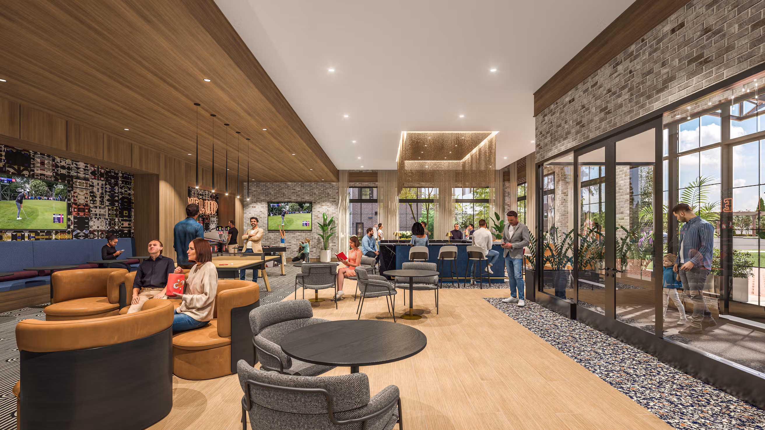 Stylish social lounge with bar, arcade games, foosball, and ping pong.