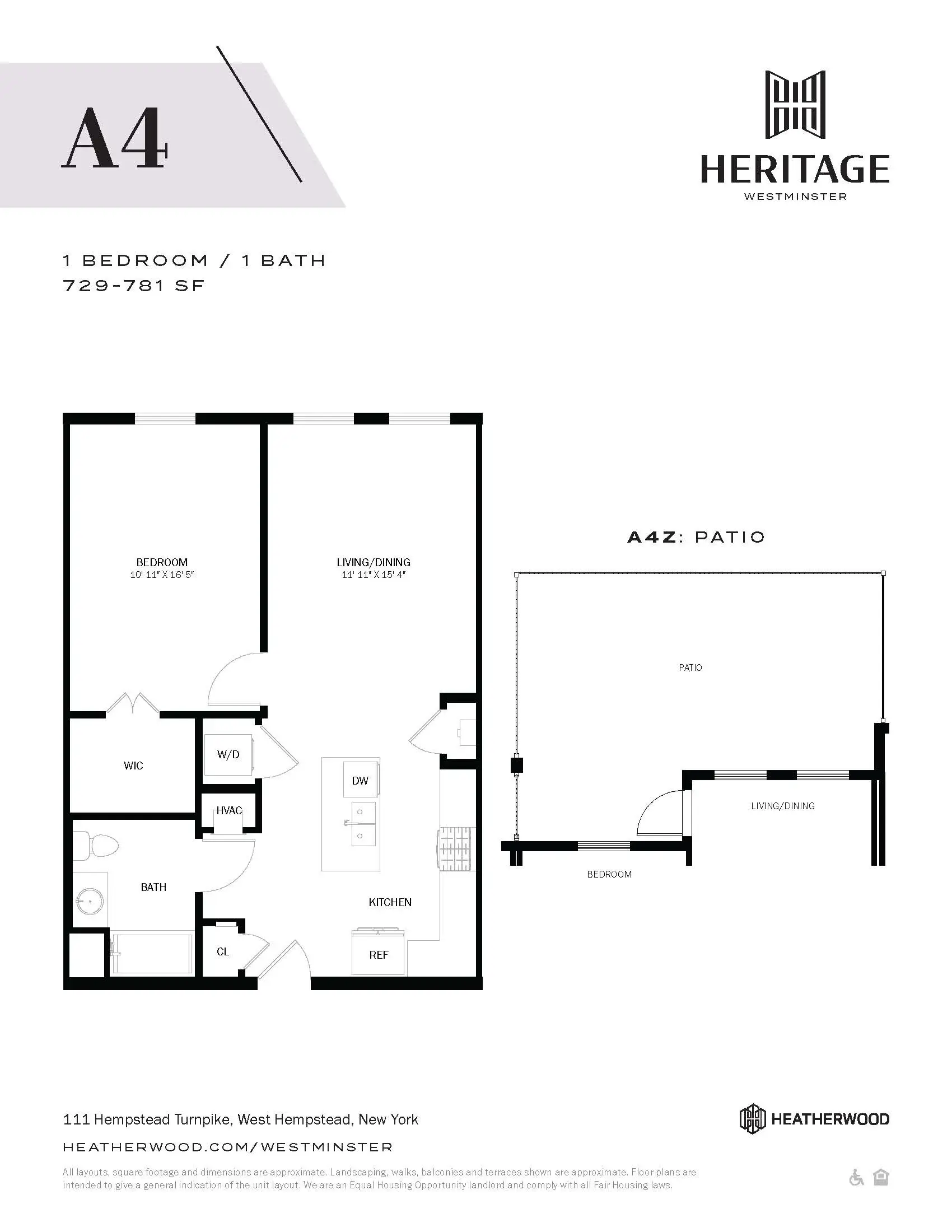 A floor plan for a 1 bedroom/1 bath apartment at Heritage Westminster.