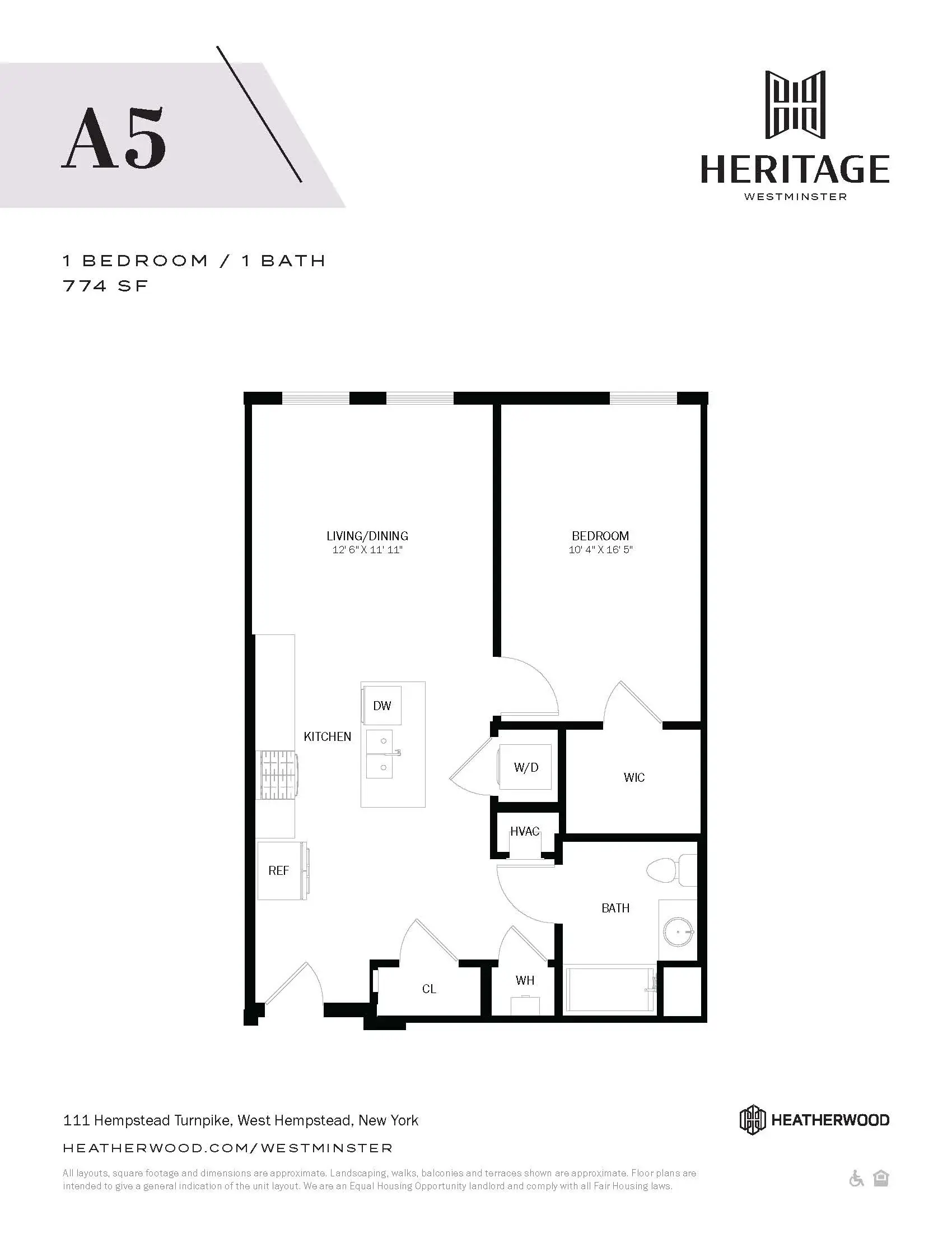 A floor plan for a 1 bedroom/1 bath apartment at Heritage Westminster.