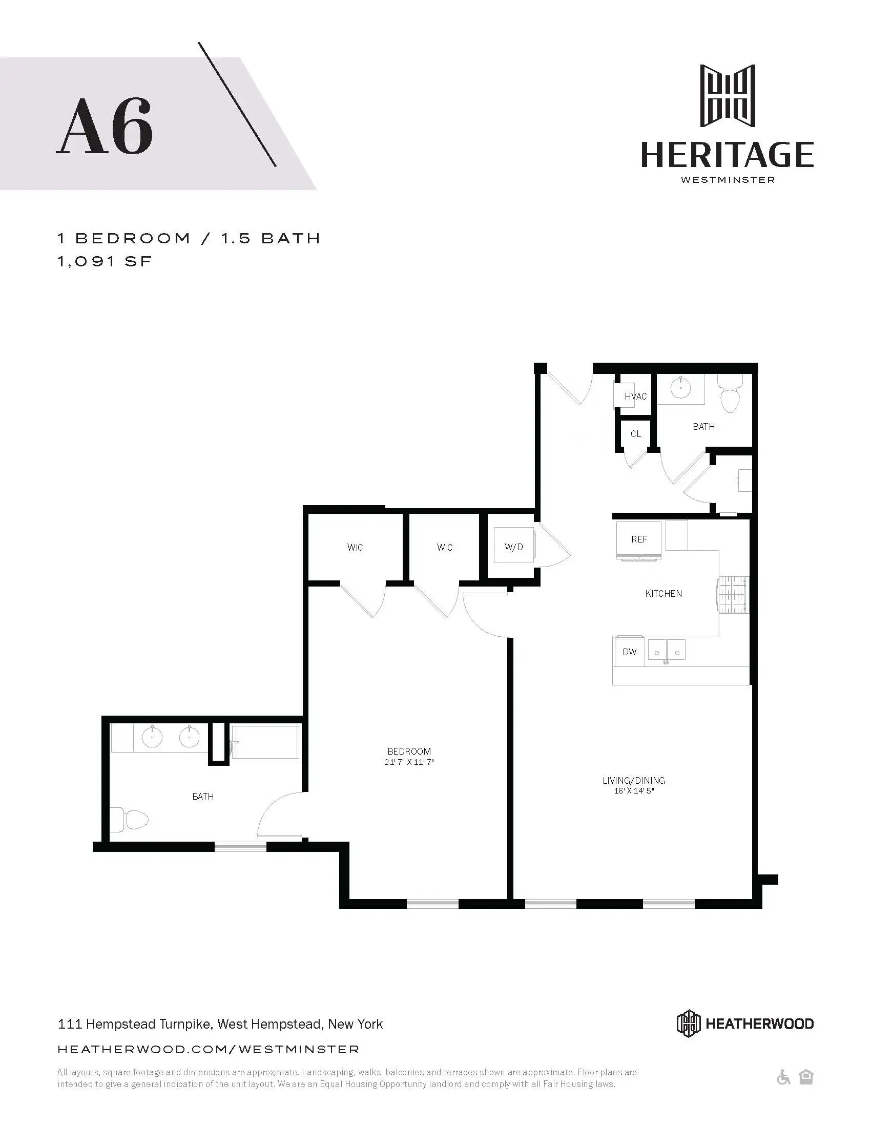 A6 floor plan for a 1 bedroom, 1.5 bath apartment.