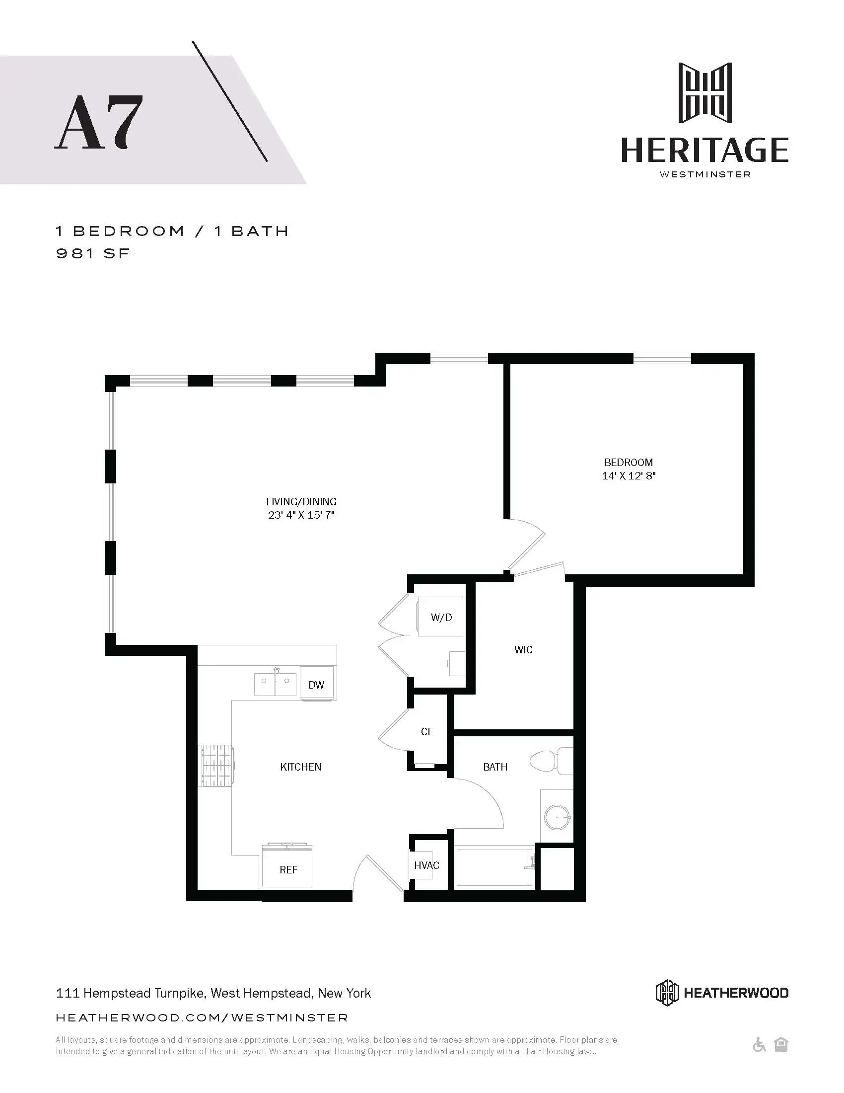 A floor plan for a 1 bedroom/1 bath apartment at Heritage Westminster.