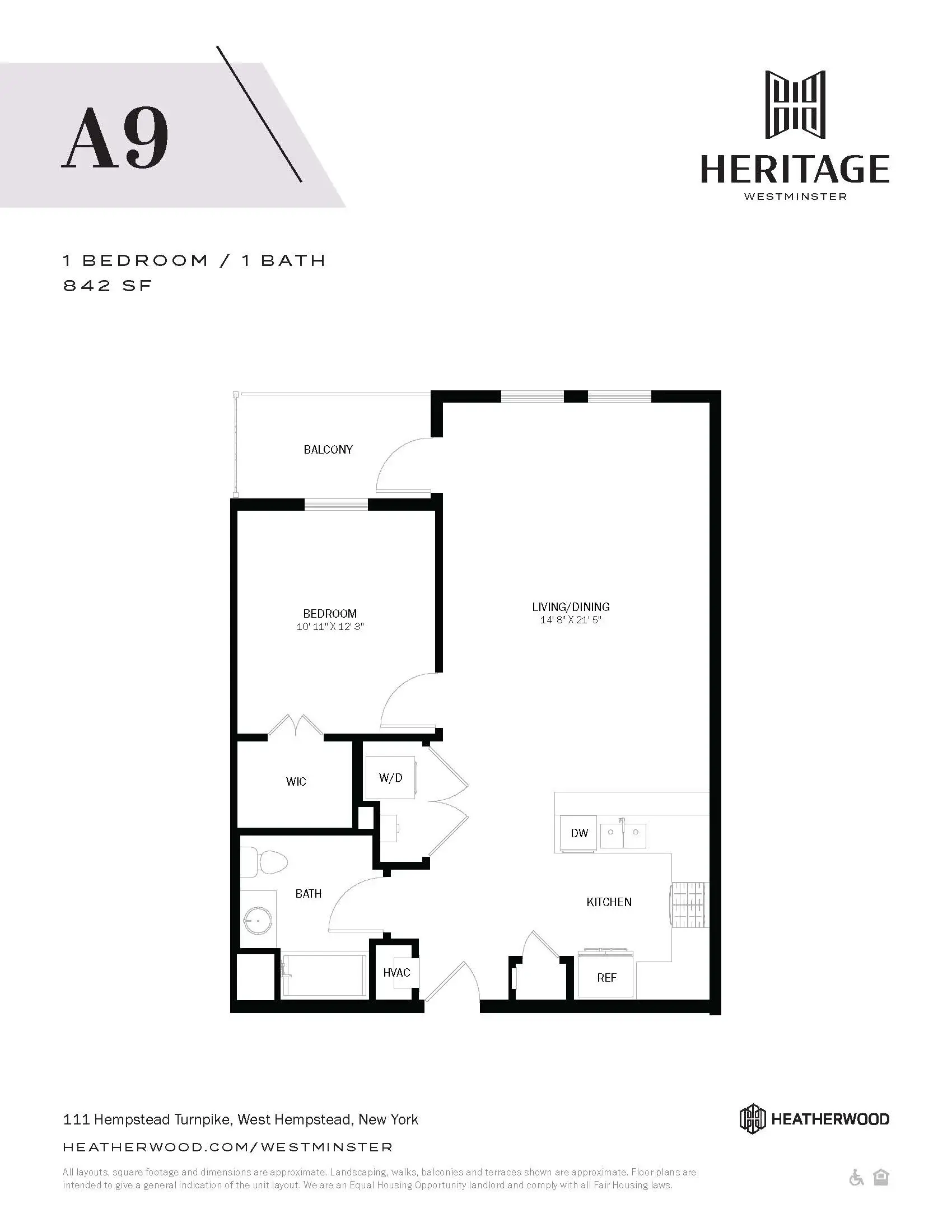 A floor plan for a 1 bedroom/1 bath apartment at Heritage Westminster.