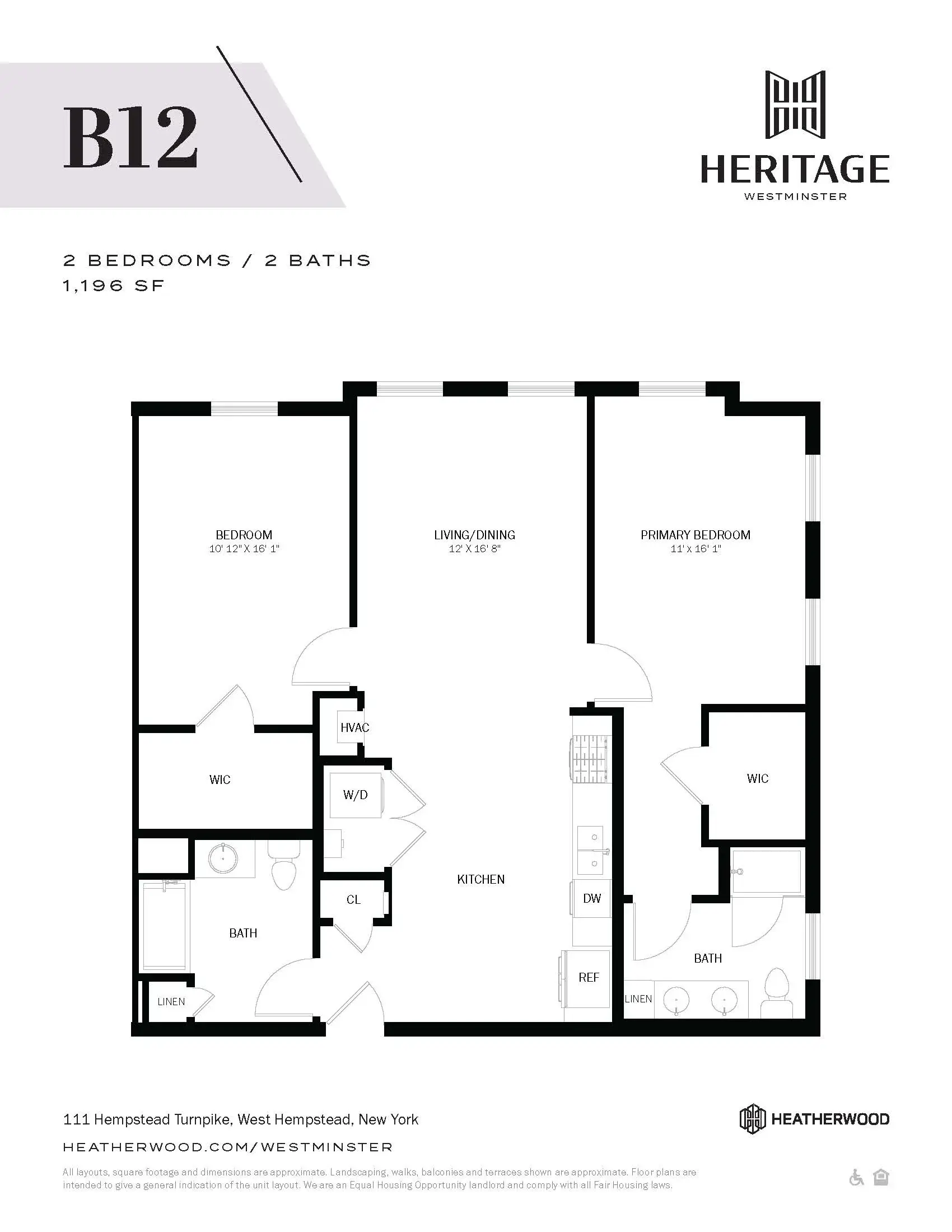 A black and white image of a floor plan for a Heritage Westminster apartment.