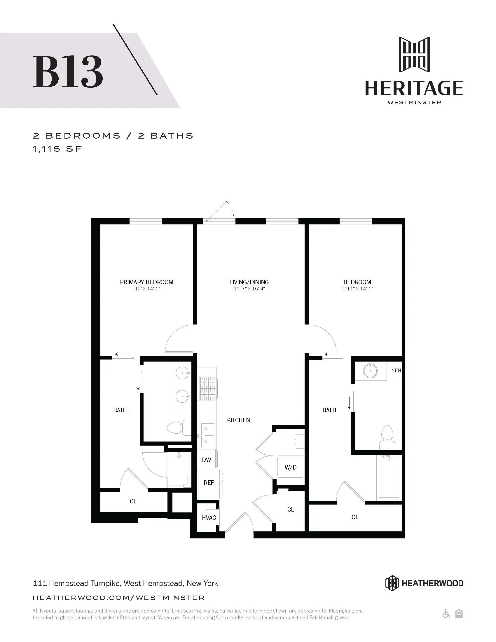 Floor plan for a 2 bedroom, 2 bath apartment.