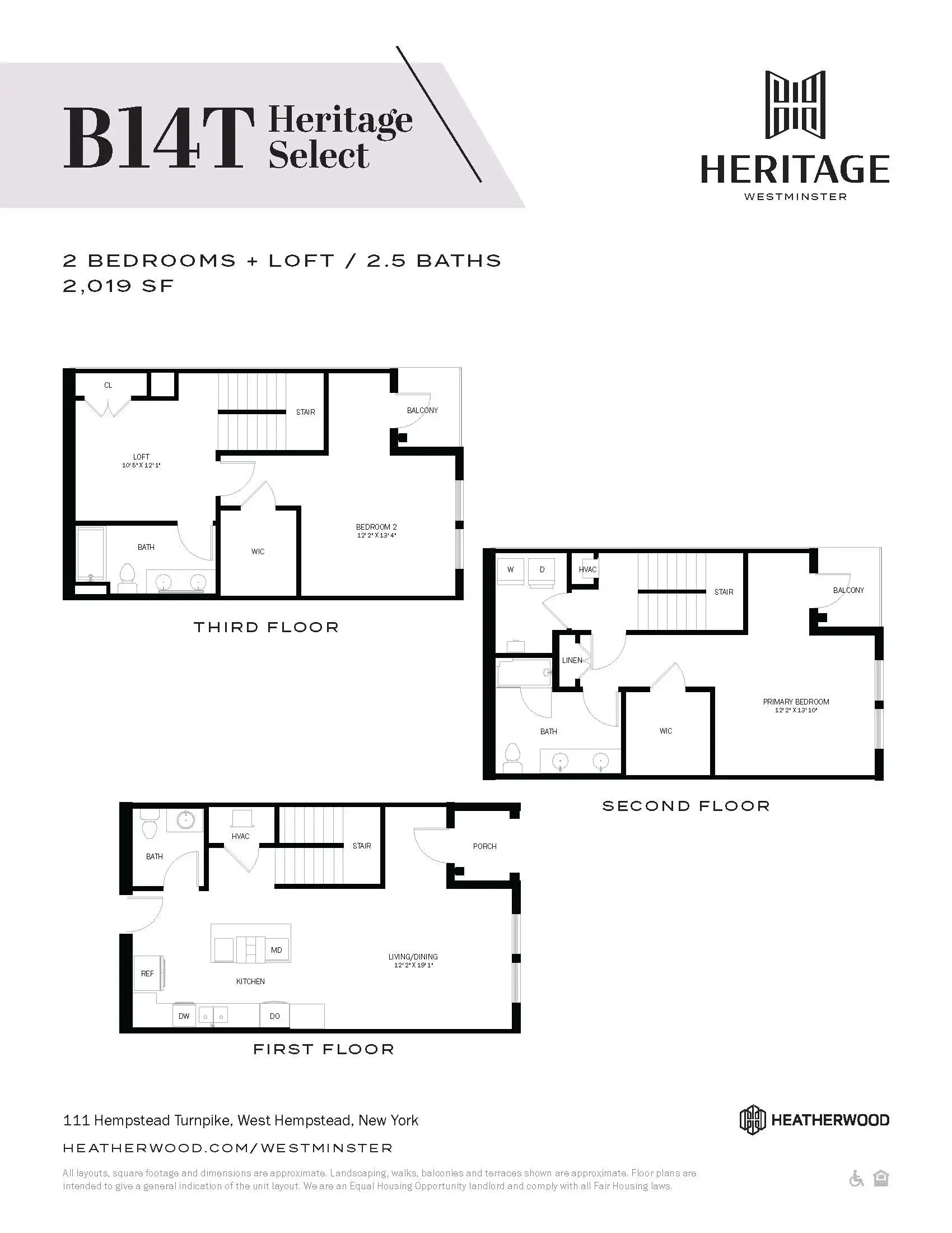 A floor plan for a B14T Heritage Select apartment in Westminster, showing three floors with labeled rooms.
