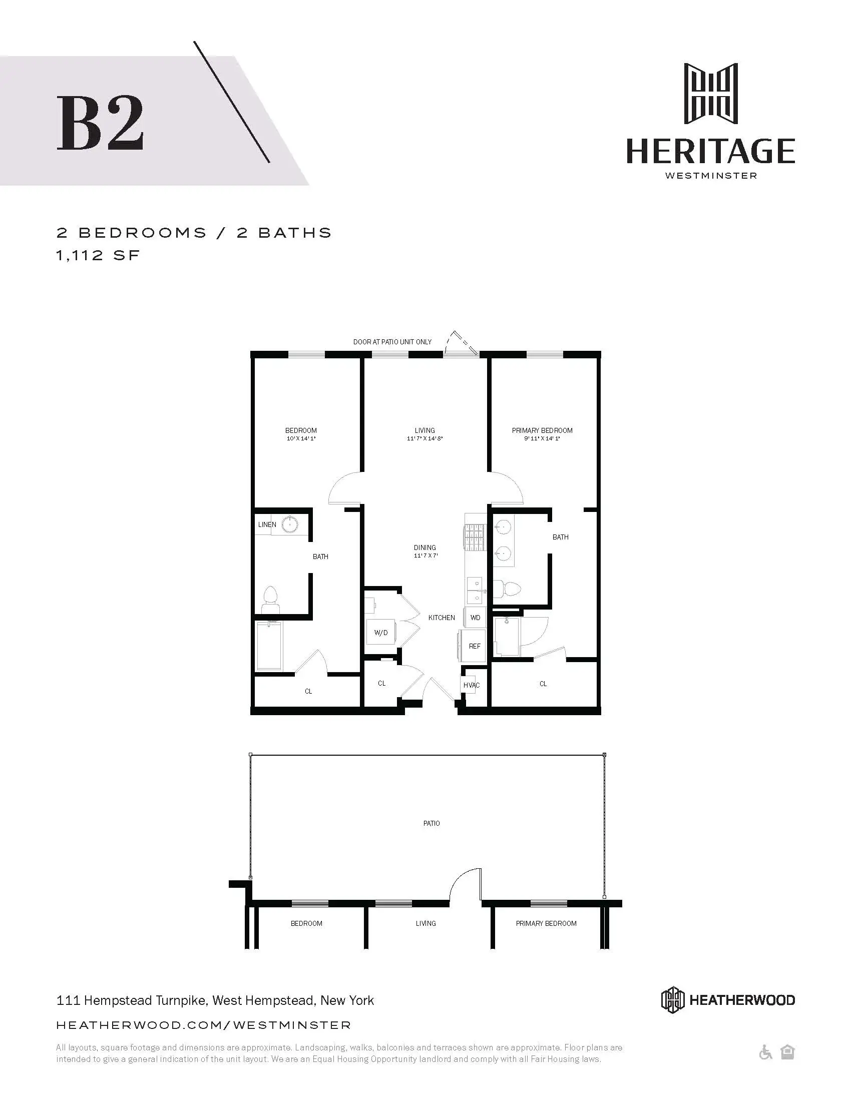A floor plan for a 2 bedroom, 2 bathroom apartment at Heritage Westminster.