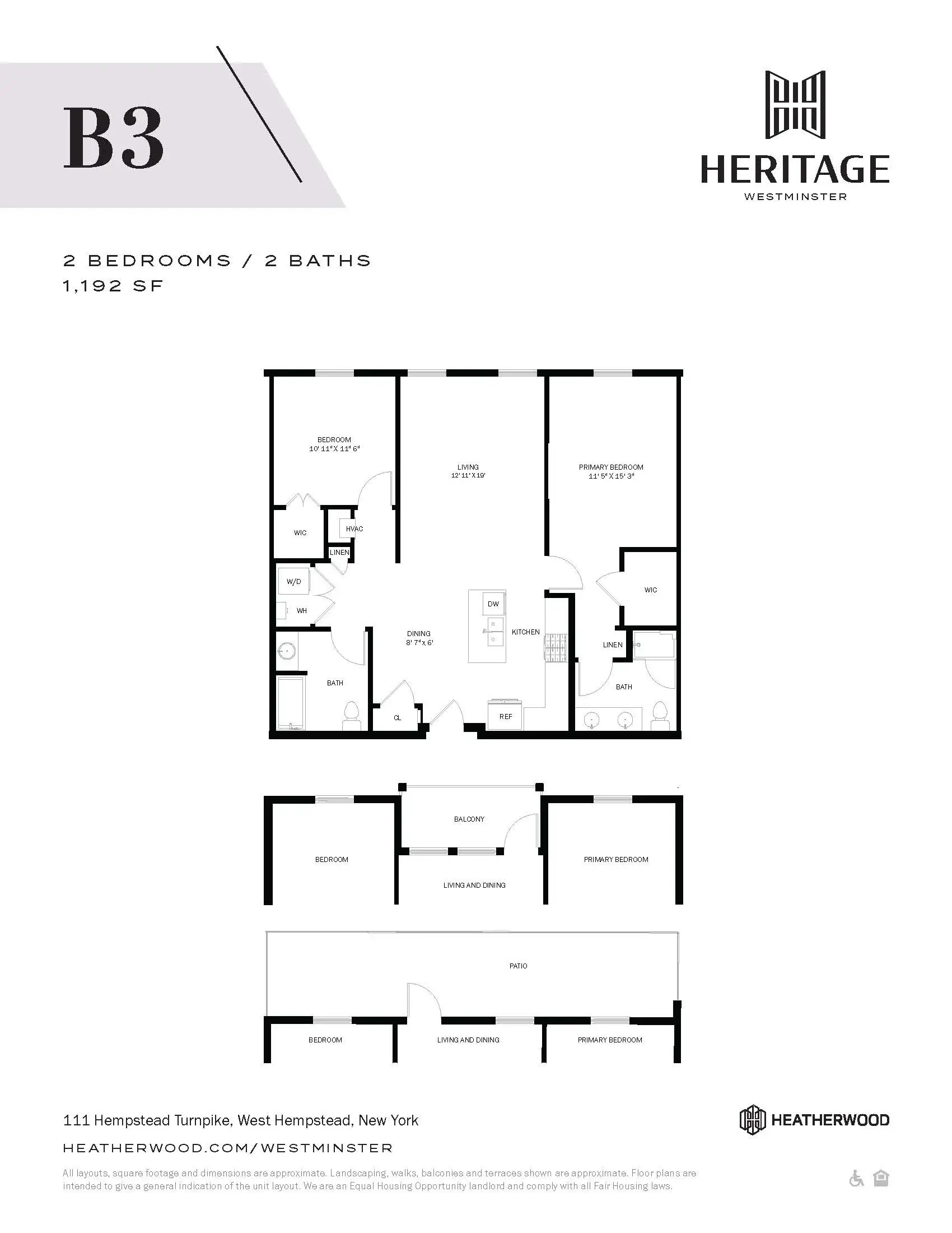 A black and white image of a floor plan for a Heritage Westminster apartment.
