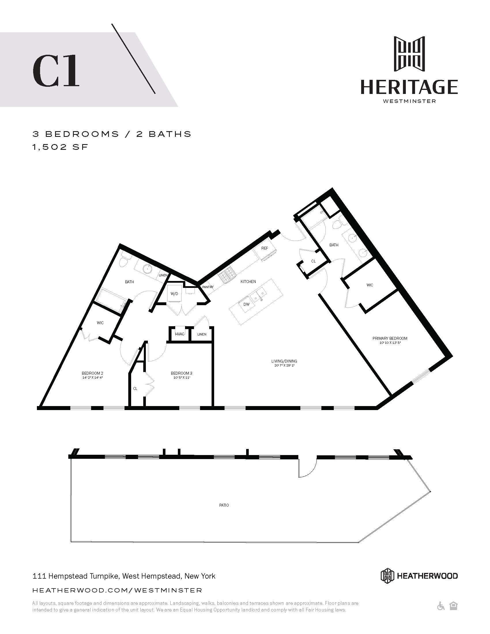 Floor plan for a 1,502 square foot apartment with three bedrooms and two bathrooms.