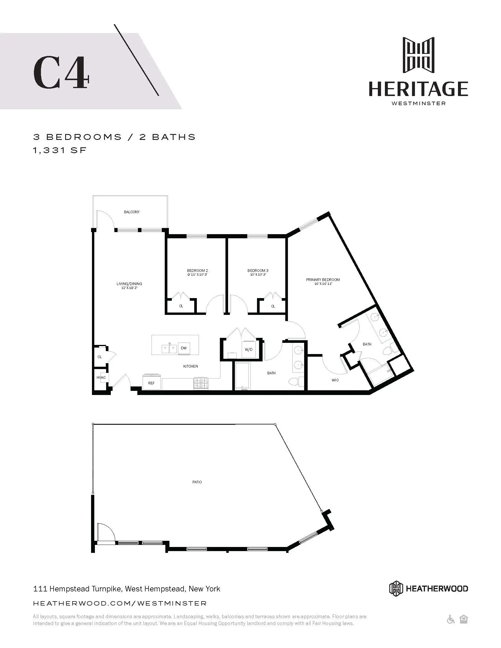 A black and white image of a floor plan for a 3 bedroom, 2 bathroom apartment.