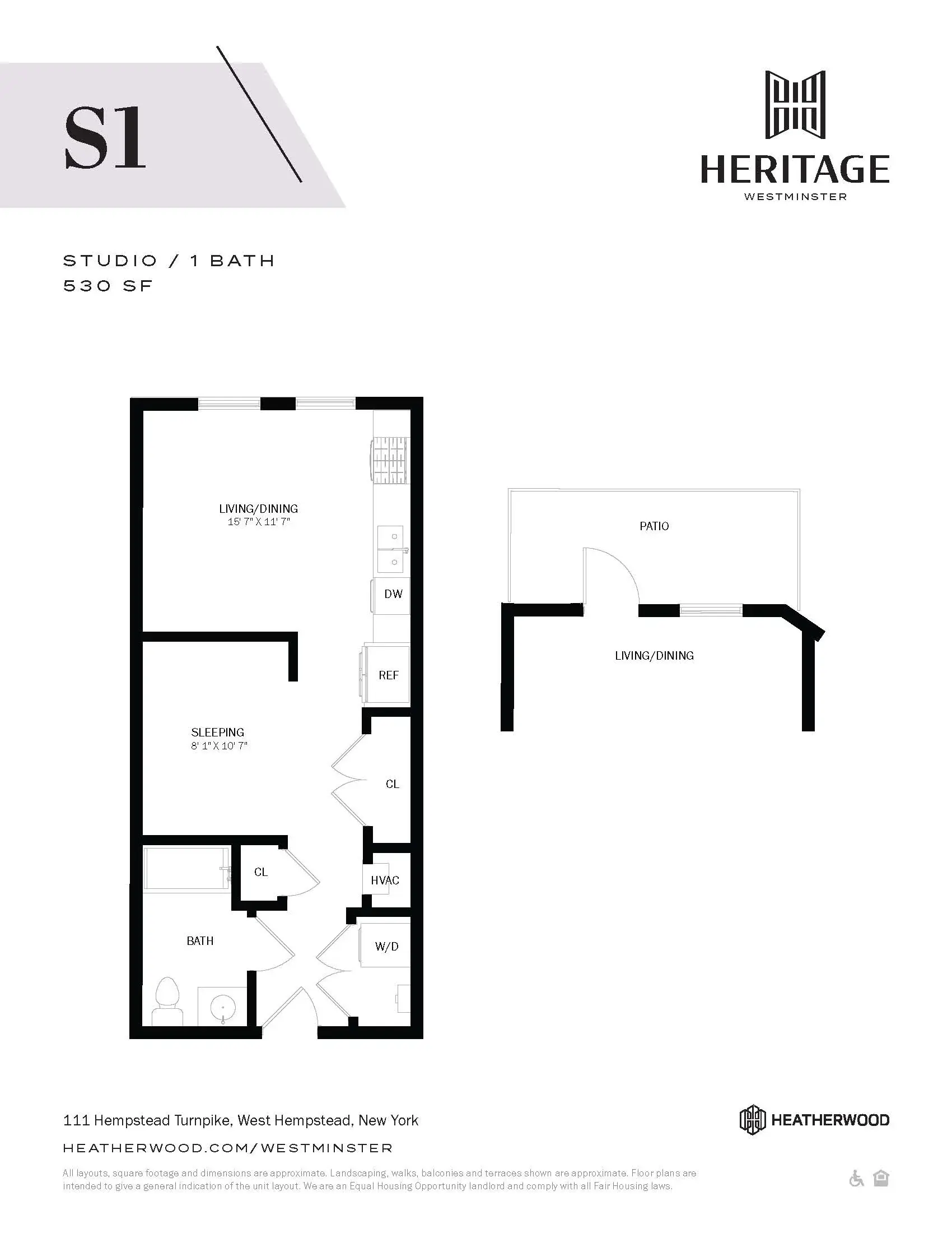 A floor plan for a studio apartment at Heritage Westminster.