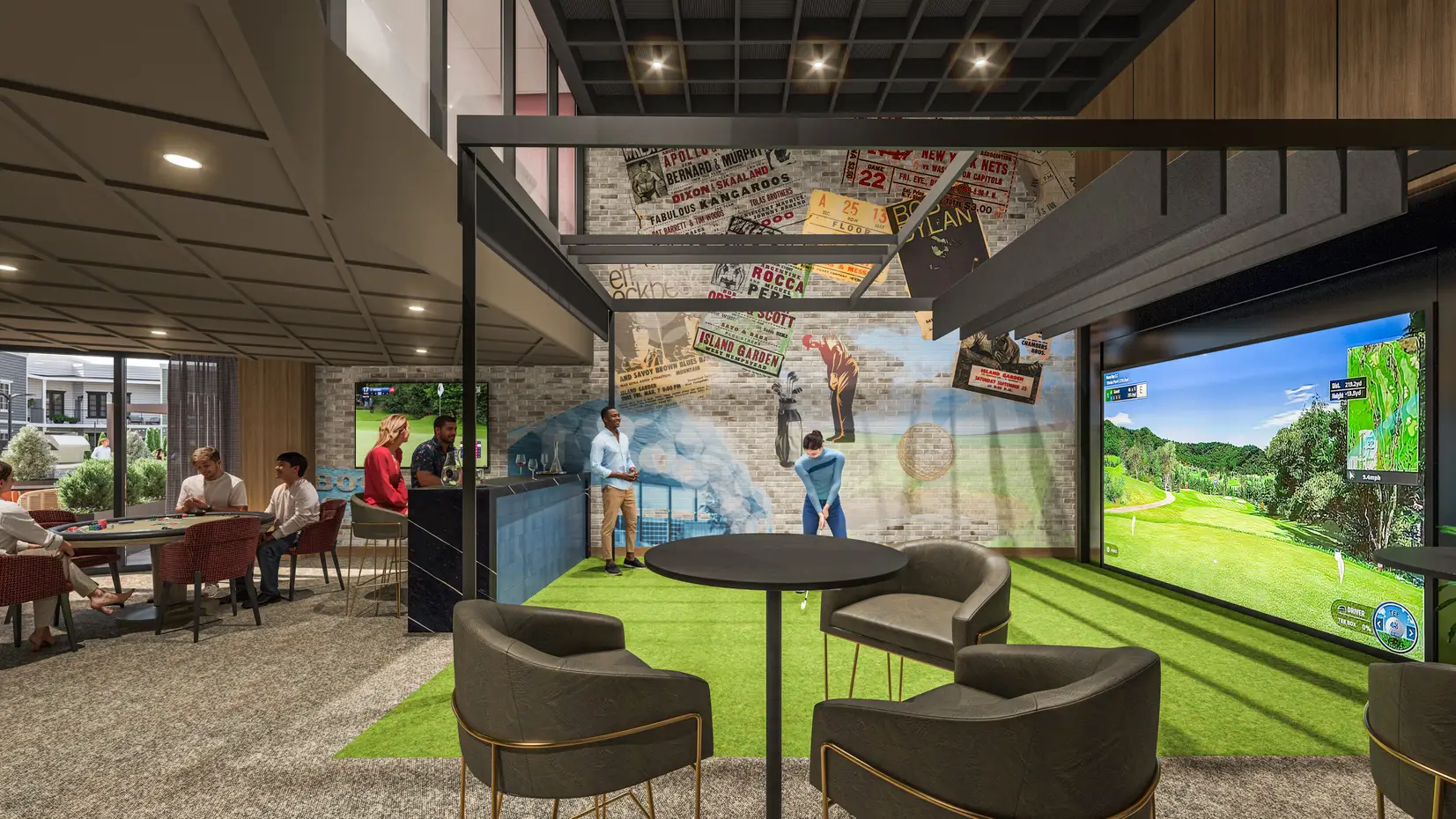 Sports lounge with TVs, bar, and a state-of-the-art golf simulator.